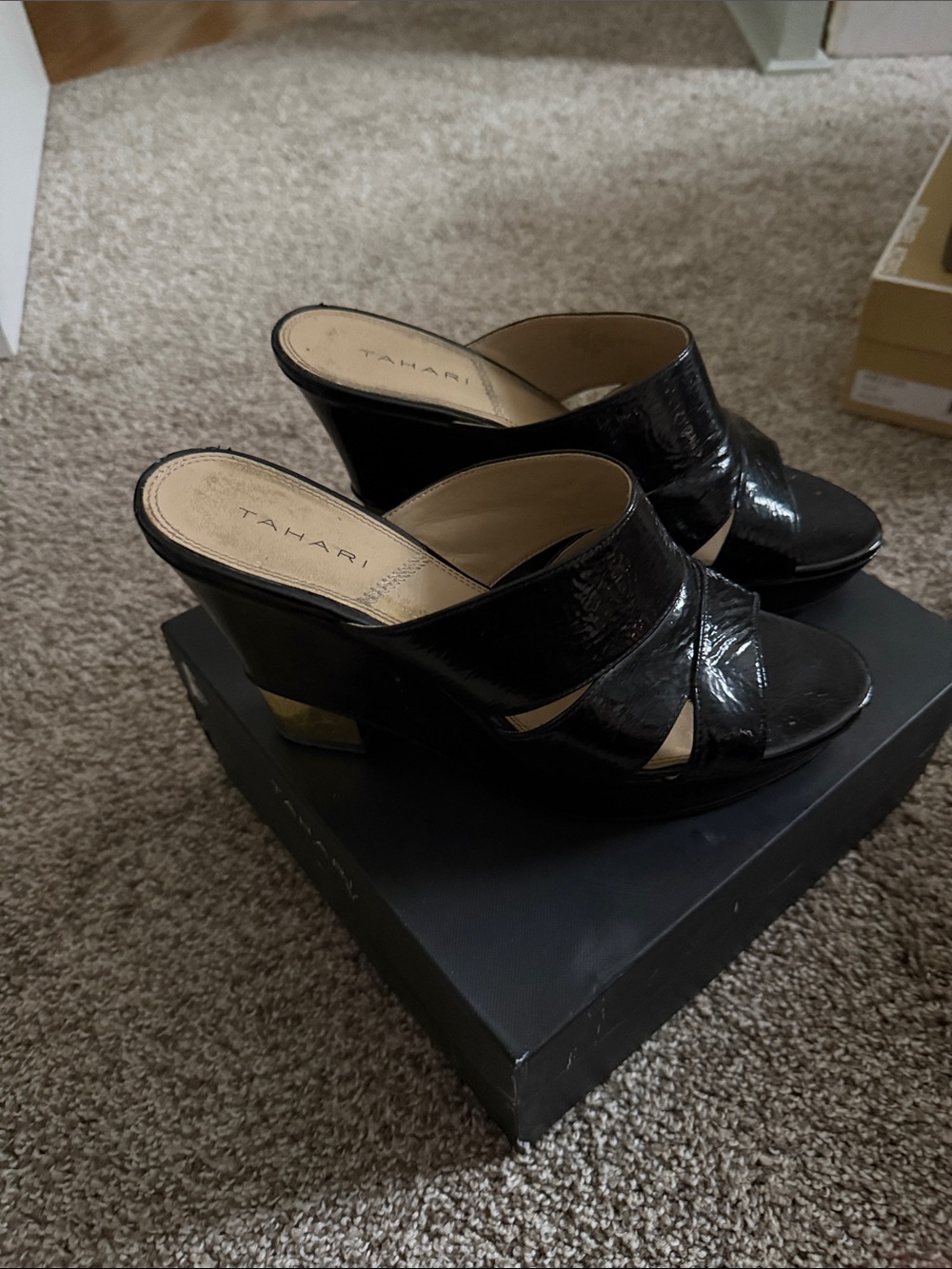 Tahari Black Patent Leather Wedge Mules